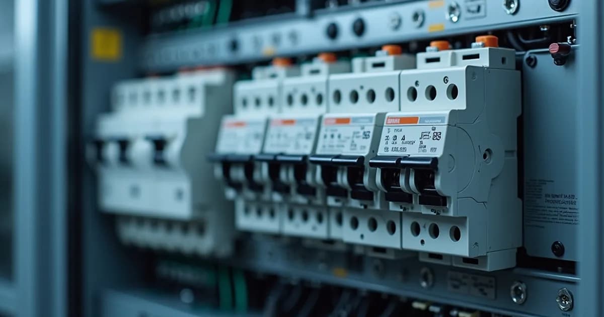 Close-up of a control panel with various circuit breakers and overcurrent protection devices, featuring labeled switches and colored wiring, designed to safeguard against short circuits and overloads.