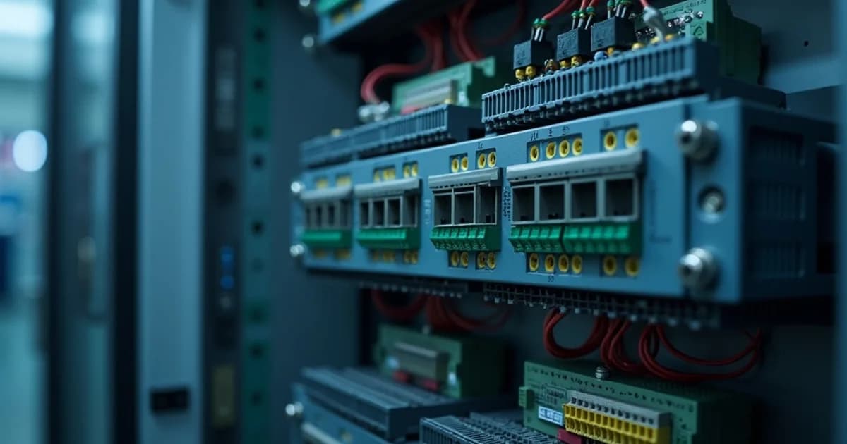 Rack-mounted I/O modules with LED indicators, multiple terminal blocks, and labeled ports. Each module is connected to a central PLC unit via ribbon cables, with structured wiring for sensors and actuators.