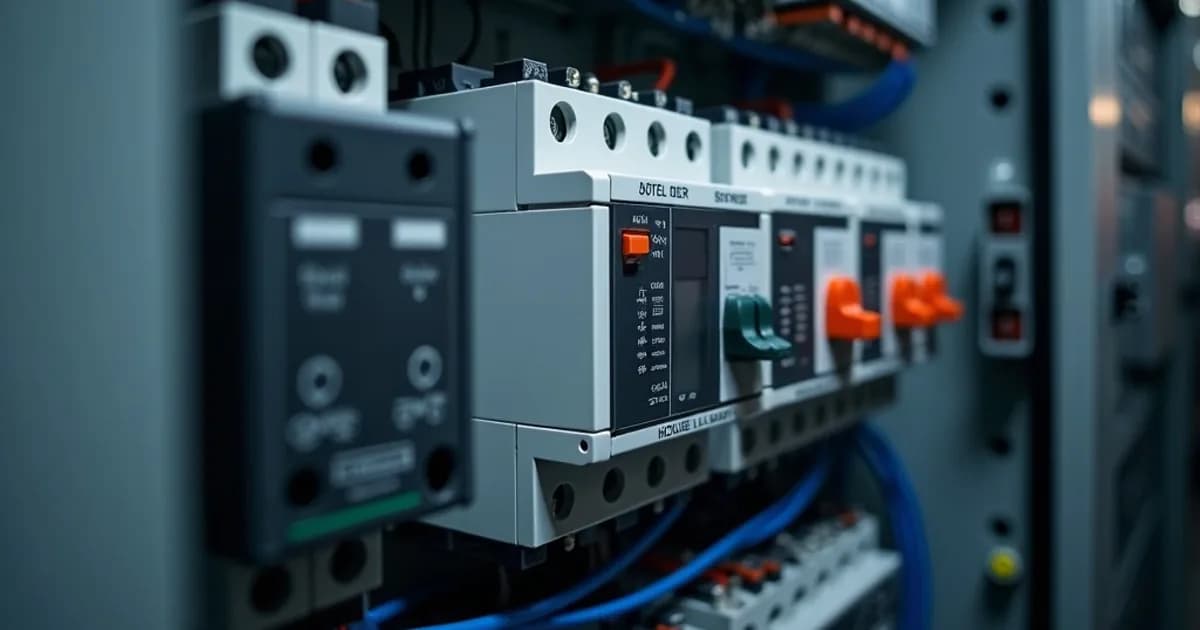 Close-up image of an industrial control panel featuring multiple electromechanical motor starters and contactors. The panel displays rows of gray devices with visible wiring, indicator lights, and relay components.