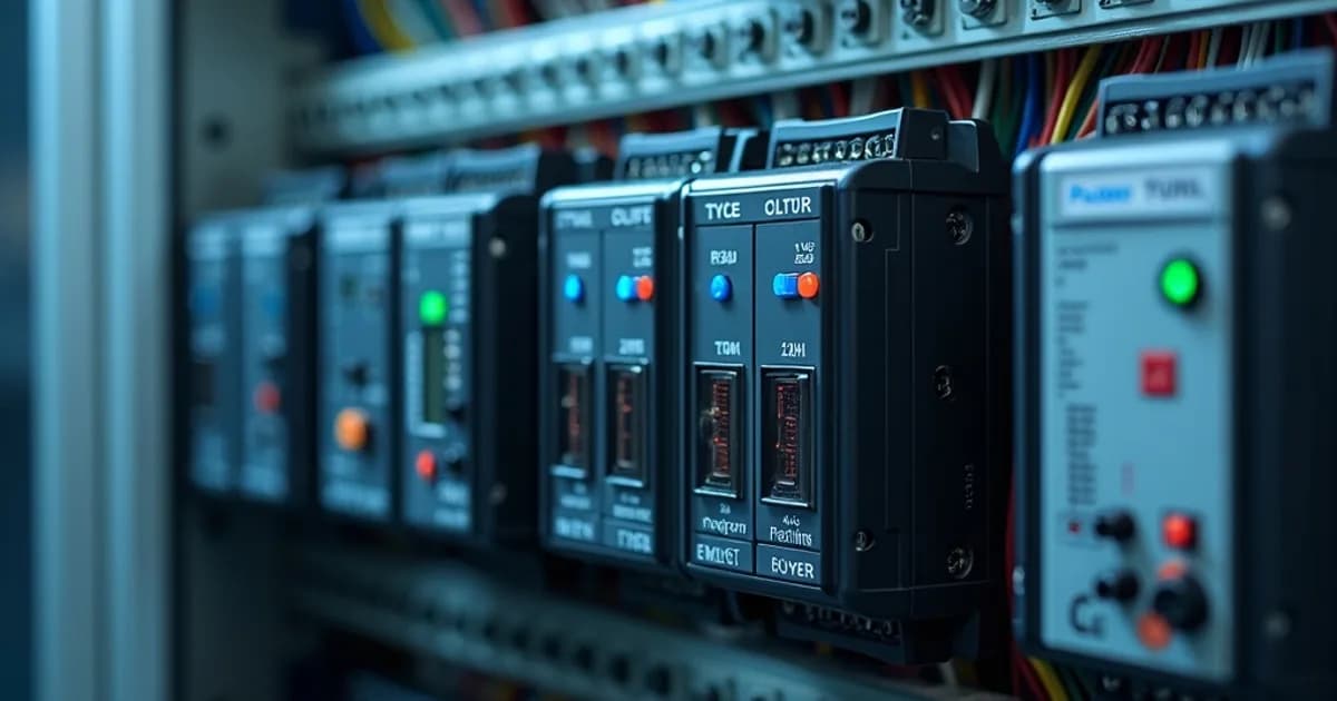 Industrial control panel featuring multiple programmable logic controllers (PLCs) mounted on a metal rack. Visible are labeled I/O modules connected by colorful wires, an LED display, and status indicator lights.