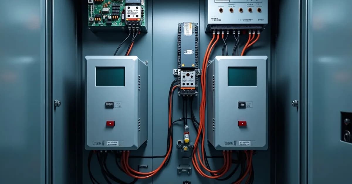 Close-up of multiple DC power supply units mounted on a metal rack, each labeled 24VDC. Units feature LED indicators, cooling vents, and terminal blocks. Wiring connects to a control panel on the left.
