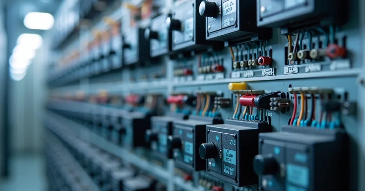 Close-up of various relays and safety relays on a control panel. Features include compact electromechanical switches, solid-state modules, and labeled connections for signal isolation and safety circuit applications.