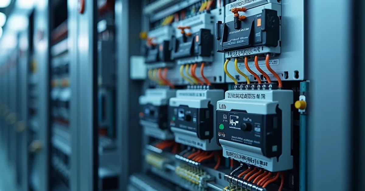 Image showing various sensors and field instruments on a metal panel. Visible are pressure gauges, thermocouples, and flow meters wired to a PLC with labeled conduits and digital displays indicating real-time data.