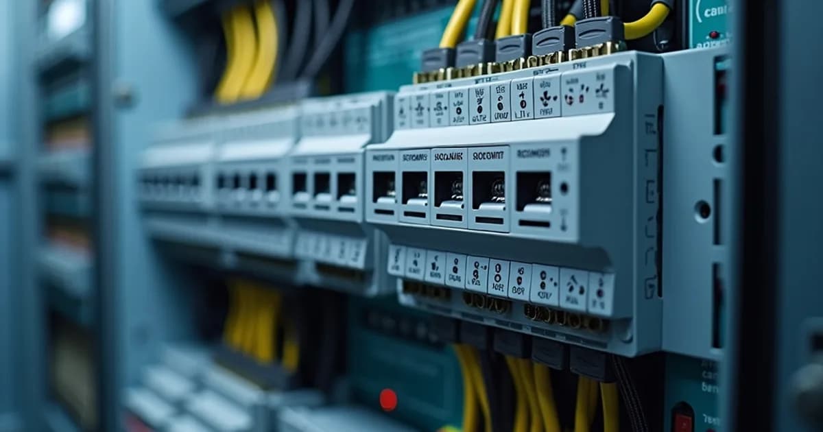Close-up of a control panel featuring neatly arranged terminal blocks with color-coded wires; each connection point labeled for clarity, showcasing organized wiring infrastructure and compliance standards.
