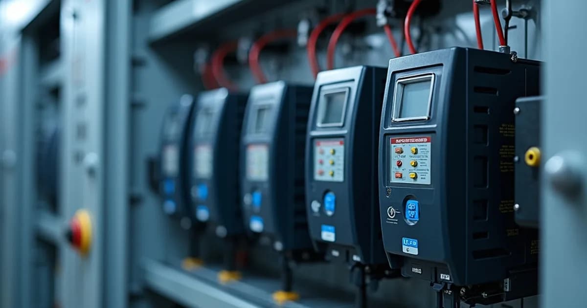 Close-up of an array of variable frequency drives arranged on a grey industrial control panel. Each VFD features digital displays, cooling fins, and labeled input/output terminals with multi-colored wiring.