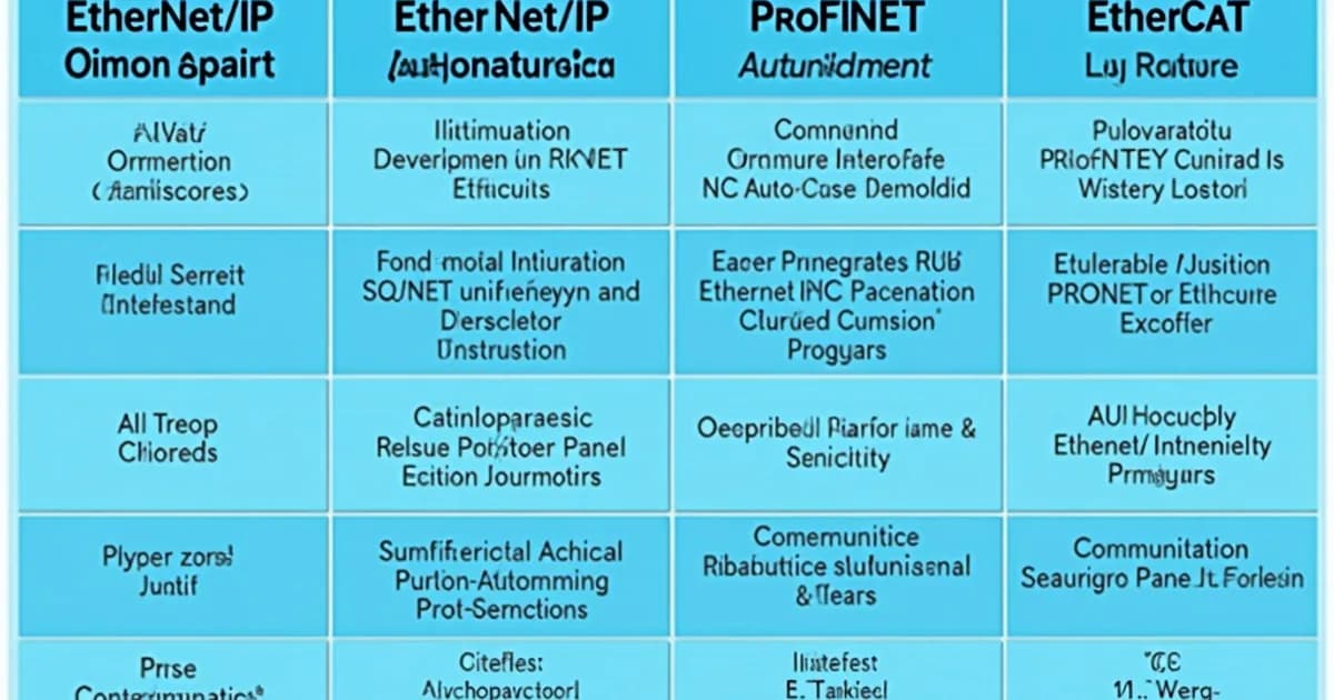 Comparison diagram of EtherNet/IP, PROFINET, and EtherCAT network topologies in an industrial control system