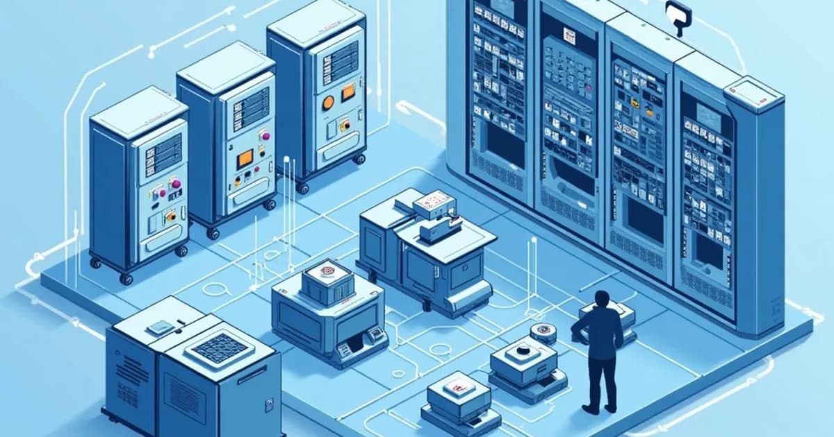 Modern control panel manufacturing facility showing automated wire processing, CNC enclosure machining, and digital engineering screens