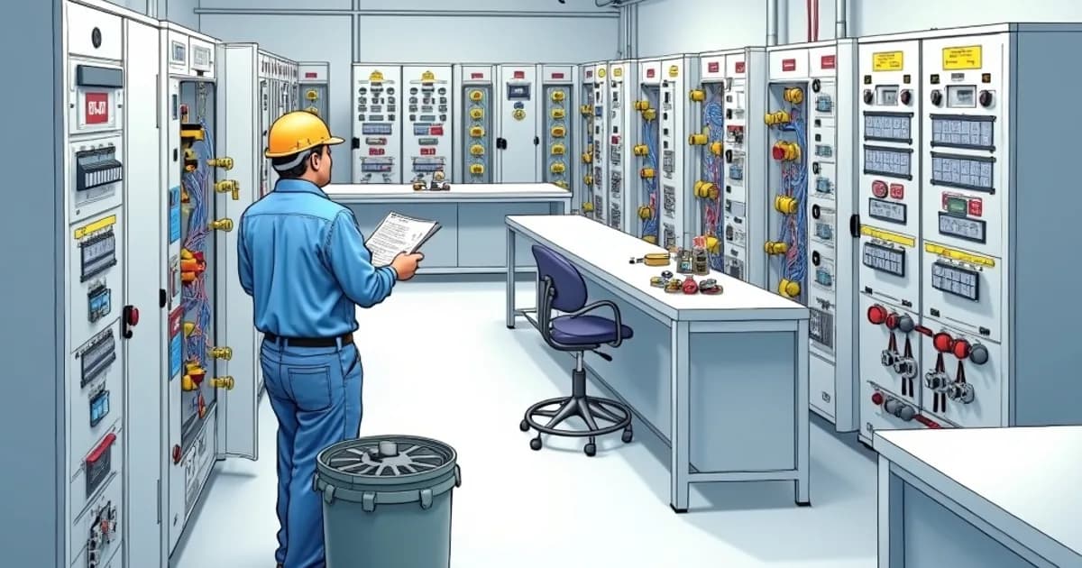 Engineer reviewing a control panel layout drawing with components arranged on a backplane