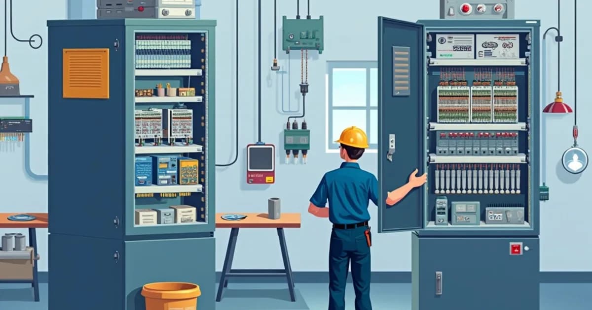 Engineer programming a PLC using laptop software connected to a control panel rack