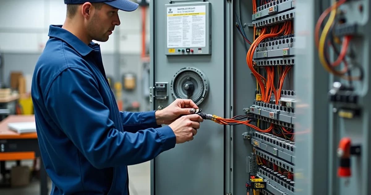 Neatly organized control panel wiring with labeled conductors routed through wire ducts