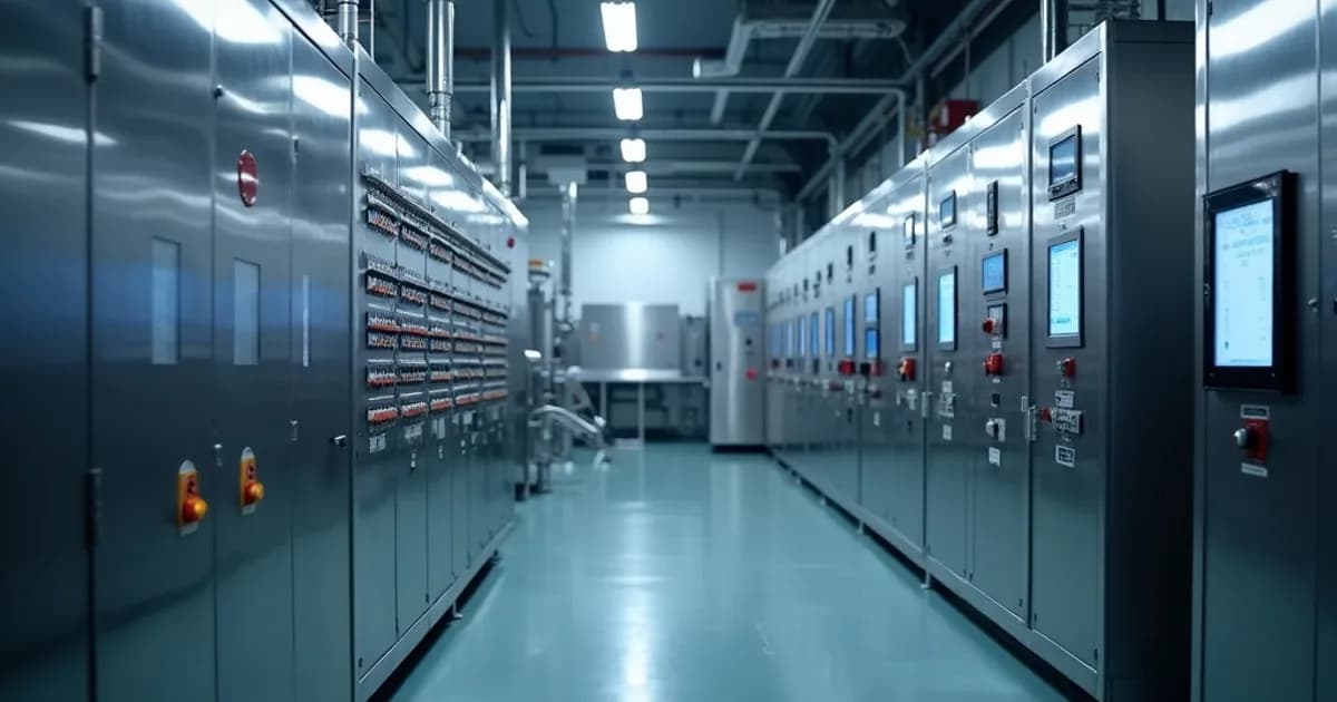 Stainless steel washdown-rated control panel installed in a food processing production line