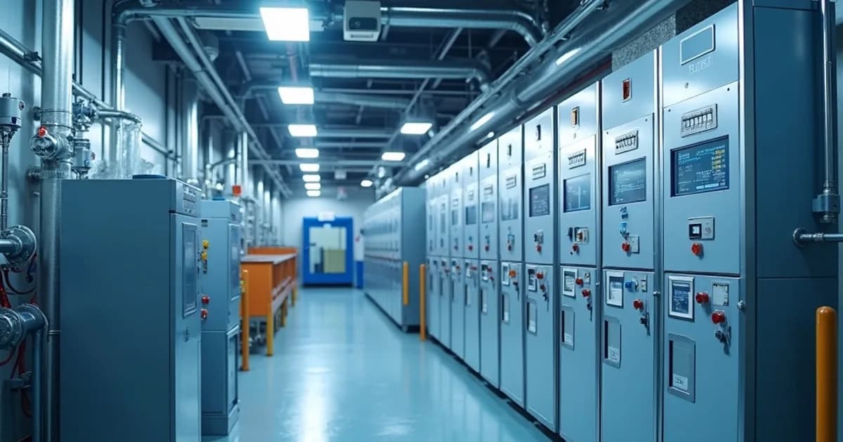 Industrial control panel installation at a municipal water treatment facility with SCADA monitoring screens