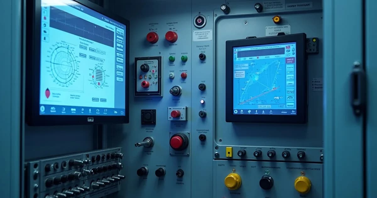 A sleek HMI panel with a vibrant touchscreen display shows colorful graphs and control icons, surrounded by buttons and knobs, in a factory setting with visible conveyor belts and machinery in the background.