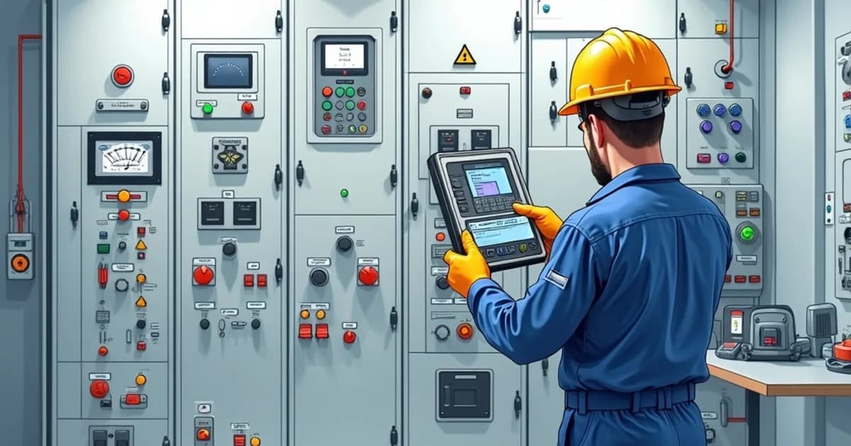 Technician performing electrical tests on a control panel with a multimeter and test equipment
